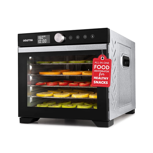 Gourmia Digital Food Dehydrator 6 Stainless Steel Trays, 360 Airflow, One-Touch Presets, Adjustable Temp 95–165°F, Timer, Glass Door, Quiet, 600 Watts