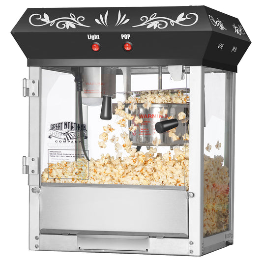 Foundation Countertop Popcorn Machine - 1.5 Gallon Popper - 6oz Kettle, Old Maids Drawer, Warming Tray, Scoop by Great Northern Popcorn (Black)
