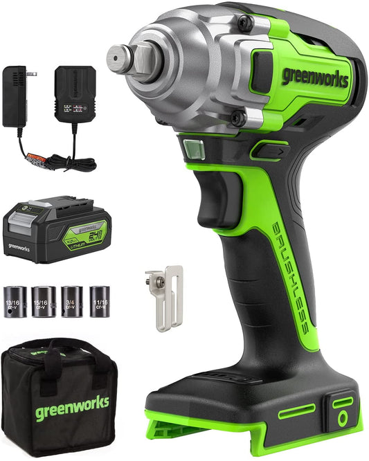 Greenworks 24V Brushless 1/2" 300 ft/lbs Impact Wrench with 4.0Ah Battery & Charger 3806502