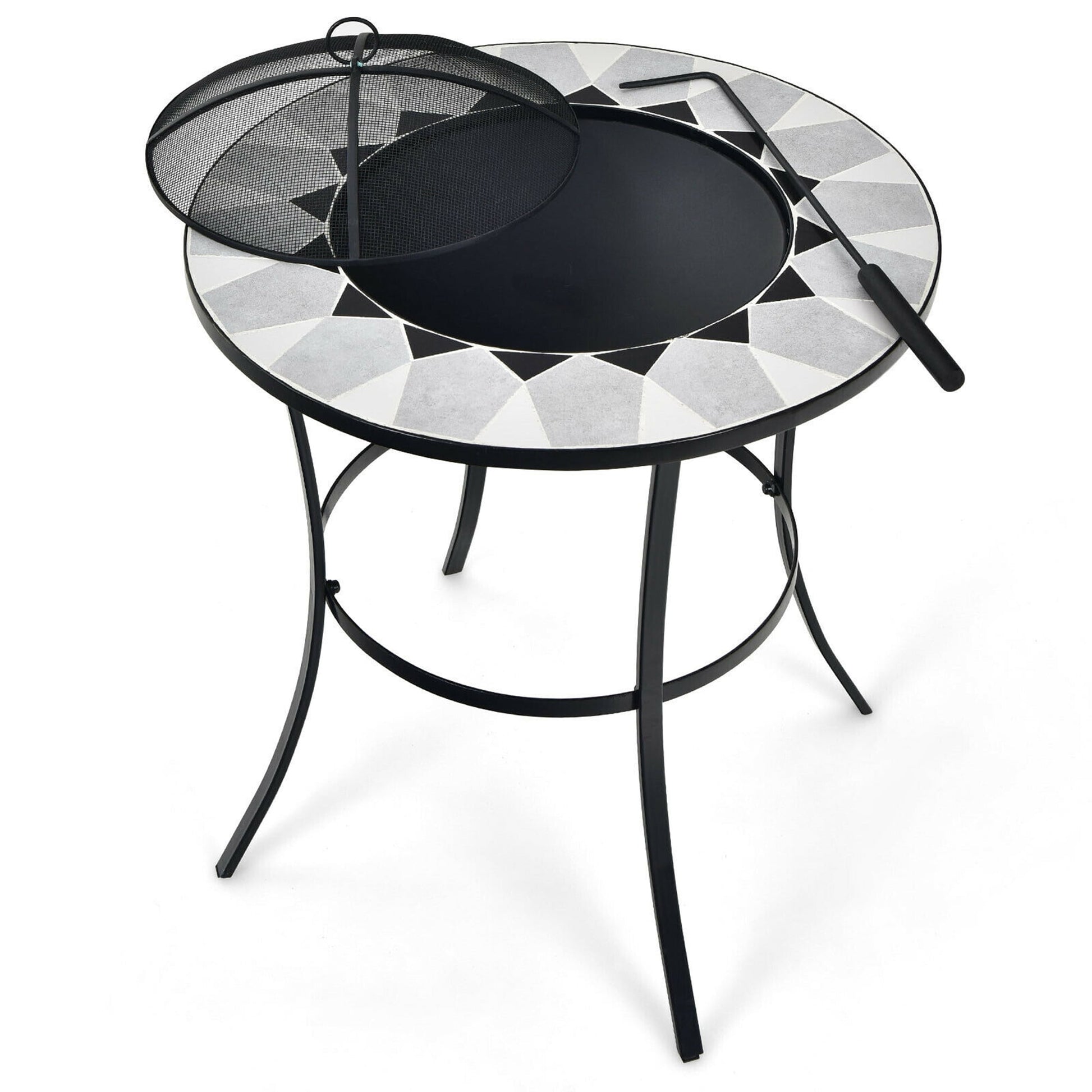 Gymax Fashion 23.5'' Round Fire Pit Table Wood Burning Heater W/ Mesh Cover & Fire Poker