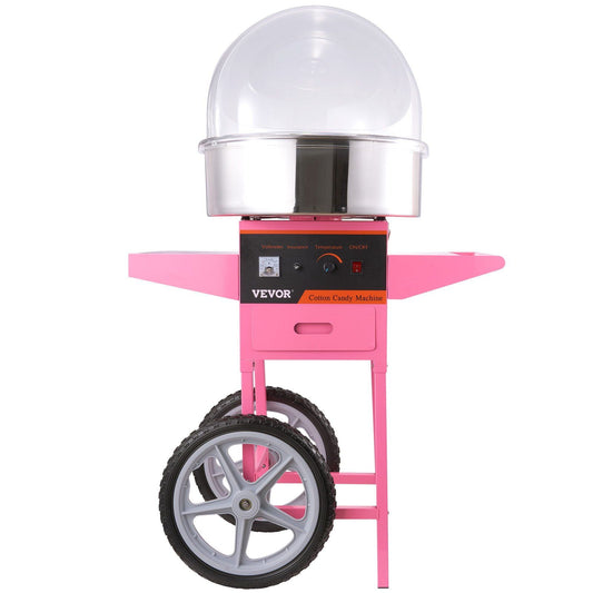 HCY Electric Cotton Candy Machine Cart with Bubble Cover Shield, 1000W Commercial Floss Maker with Stainless Steel Bowl, Sugar Scoop and Drawer, Perfect for Home, Kids Birthday, Family Party, Pink