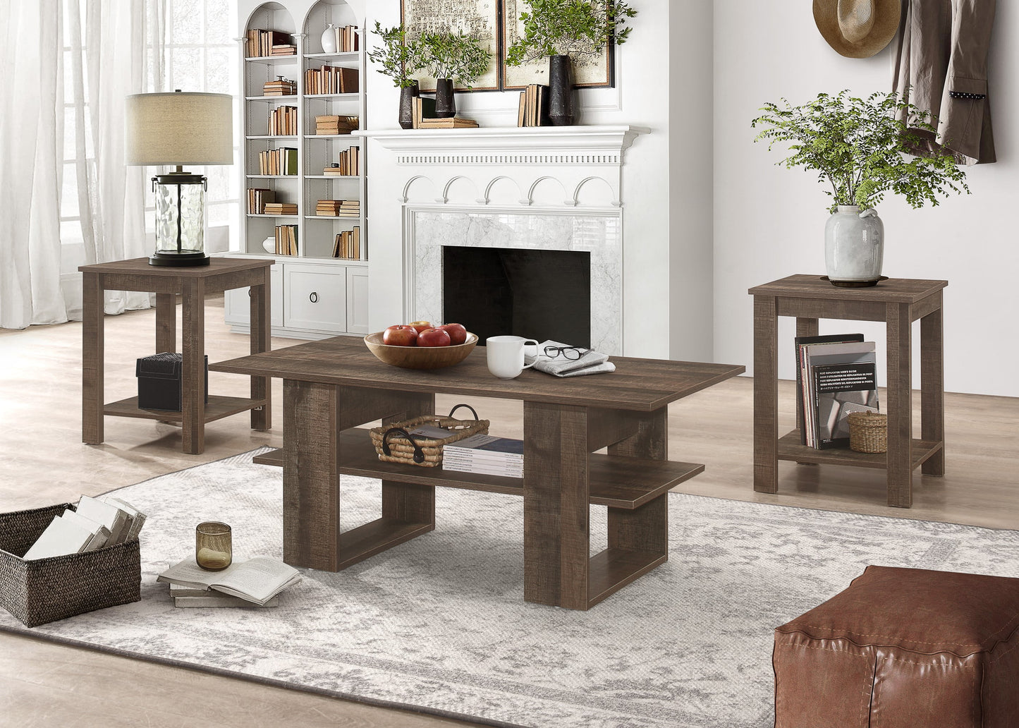 Home Design Beverly 3-Piece Coffee Table Set with 1 Rectangular Coffee Table and 2 Square End Tables, Each with Open Shelf for Storage and Display, Modern Living Room Design, Light Gray