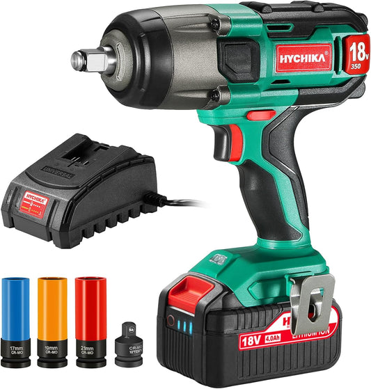 HYCHIKA 20V Max Cordless Impact Wrench , 260 ft-lbs Max Torque, 1/2" Metal Chuck, 4.0 Ah Battery with 2h Fast Charger, LED Light, 3 Sockets & 1/2" to 3/8" Adapter, Carrying Case