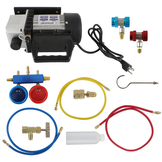 Handdo 3 CFM Air Vacuum Pump Combo AC Gauge Set  HVAC + R134A Kit 5pa 1720 RPM