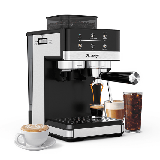 Hausmojo 20Bar Espresso Machine with Built-In Burr Grinder & Steam Wand – Compact, Sleek Coffee Maker for Café-Quality Drinks