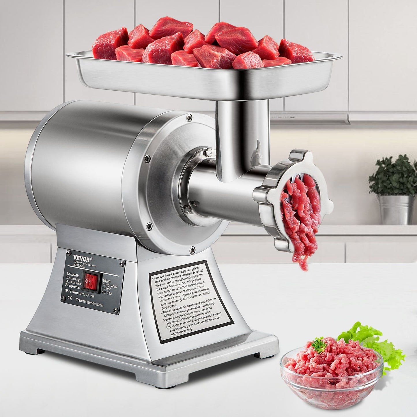 Heavy Duty Electric Meat Grinder, 550LB/h 1100W, Stainless Steel Commercial Mincer w/ Blades & Stuffing Kit, 220 RPM