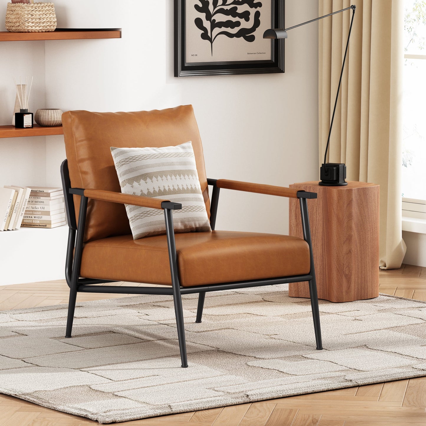 Hergs Modern Accent Chair with Iron Frame, PU Leather, Brown + Black