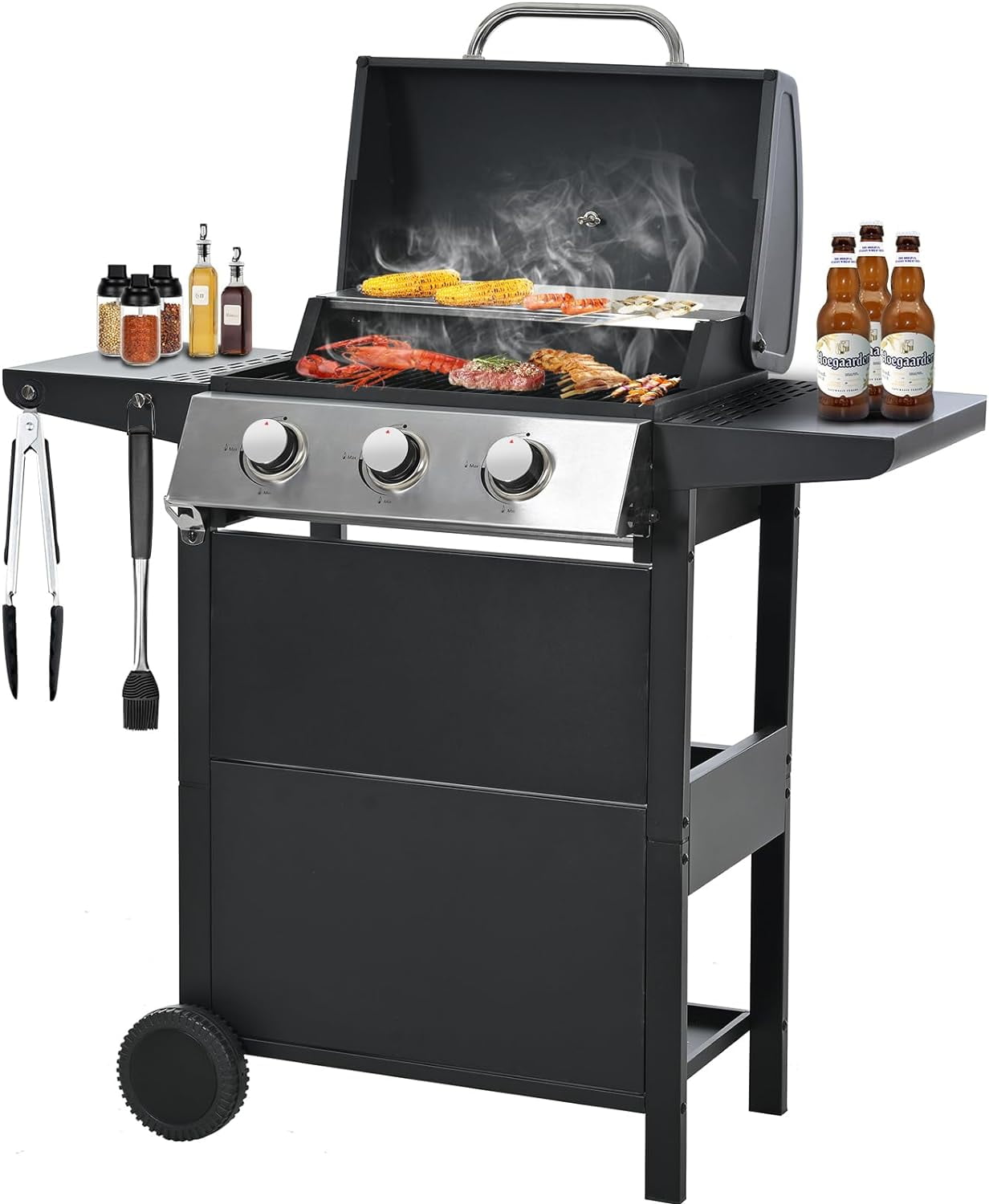Highsound 3 Burner BBQ Propane Gas Grill, Stainless Steel 25650 BTU Patio Garden Barbecue Grill with Thermometer, Black