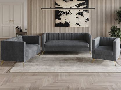 Home Design Weiss Velvet Square Arm Chair with Channel-Tufted Back and Gold Metal Legs, Modern Upholstered Living Room Seating, Dark Gray