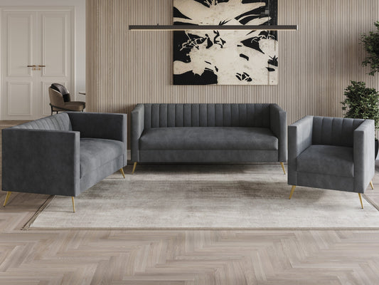 Home Design Weiss Velvet Square Arm Chair with Channel-Tufted Back and Gold Metal Legs, Modern Upholstered Living Room Seating, Dark Gray