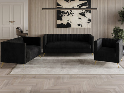 Home Design Weiss Velvet Square Arm Chair with Channel-Tufted Back and Gold Metal Legs, Modern Upholstered Living Room Seating, Dark Gray