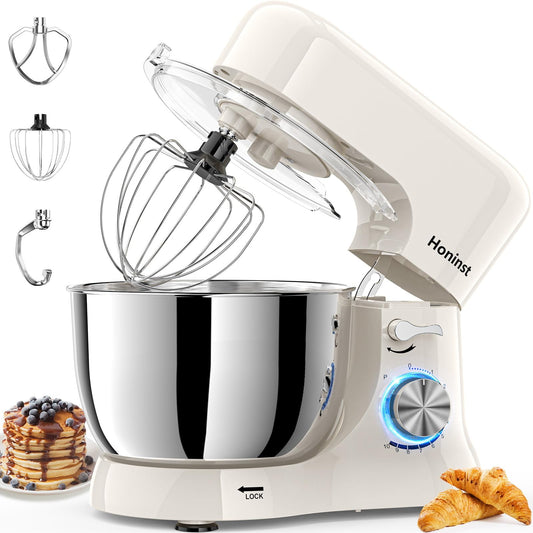 Honinst Stand Mixer，3-In-1 10-Speed 660W 5.5QT Tilt-Head Food Mixer， Electric Mixer with Bowl, Dough Hook, Whisk and Beater，Kitchen Mixer for Baking, Cake and Most Home Cooks, Beige C95