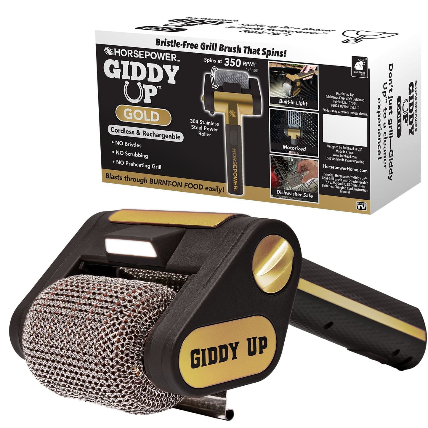 Horsepower Giddy Up GOLD Bristle-Free Spinning Grill Brush w/ LED, AS-SEEN-ON-TV, Cordless & Rechargeable, 304 Stainless Steel Power Roller Blasts Away Burnt-On Food, No Bristles, No Preheating