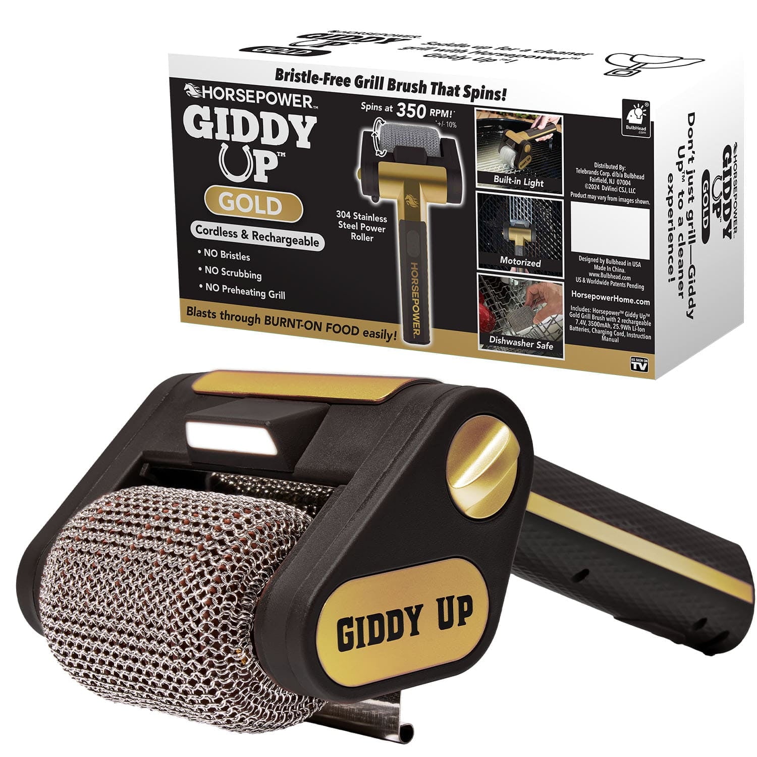 Horsepower Giddy Up GOLD Bristle-Free Spinning Grill Brush w/ LED, AS-SEEN-ON-TV, Cordless & Rechargeable, 304 Stainless Steel Power Roller Blasts Away Burnt-On Food, No Bristles, No Preheating