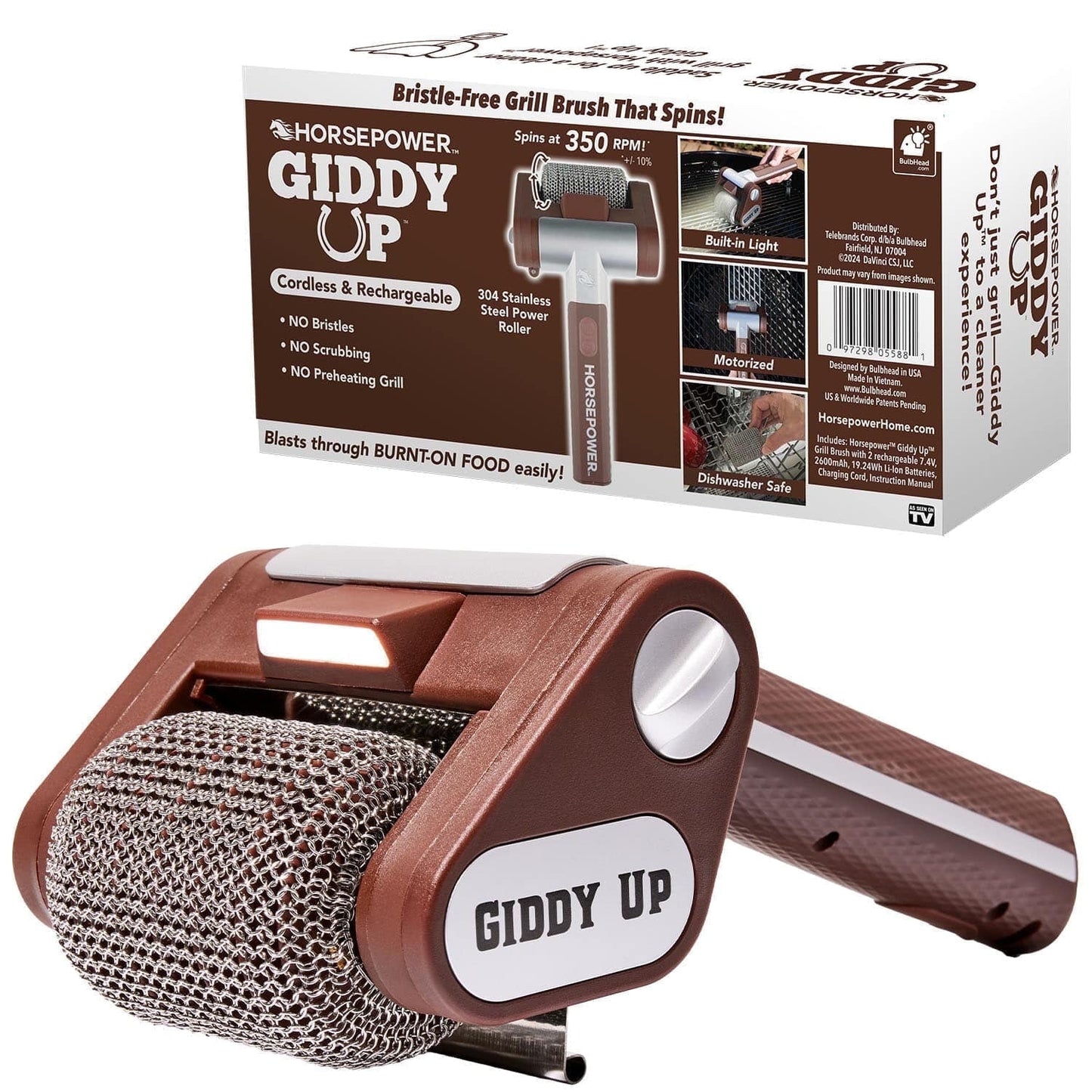 HorsePower Giddy Up Grill Cleaner – Cordless Bristle-Free BBQ Tool with 350 RPM Stainless Roller, LED Light, Dishwasher-Safe Head – From BulbHead, American Patents Pending
