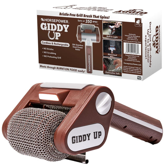 HorsePower Giddy Up Grill Cleaner – Cordless Bristle-Free BBQ Tool with 350 RPM Stainless Roller, LED Light, Dishwasher-Safe Head – From BulbHead, American Patents Pending