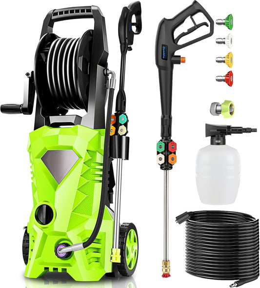 Huanherad 5000PSI Electric Pressure Washer 3.0GPM Power Washer with 33ft Hose Reel, 4 Tips, Foam Cannon, Best Pressure Washer for Cars, Home use, Green