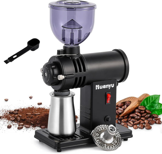 Huanyu Electric Coffee Grinder Stainless Steel Ghost Teeth Burr Coffee Grinders for Home Use with Light-Shielding Hopper for Pour over Black