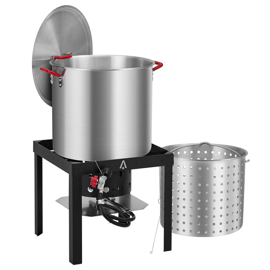 Huloretions 80Qt Seafood Boiling Kit with Strainer,Outdoor Seafood Boil Kit with 11,0000 BTUs Propane Burner,Seafood Boil Pot with Strainer Basket,for Outdoor Cooking Seafood Shrimp,Crab,Crawfish