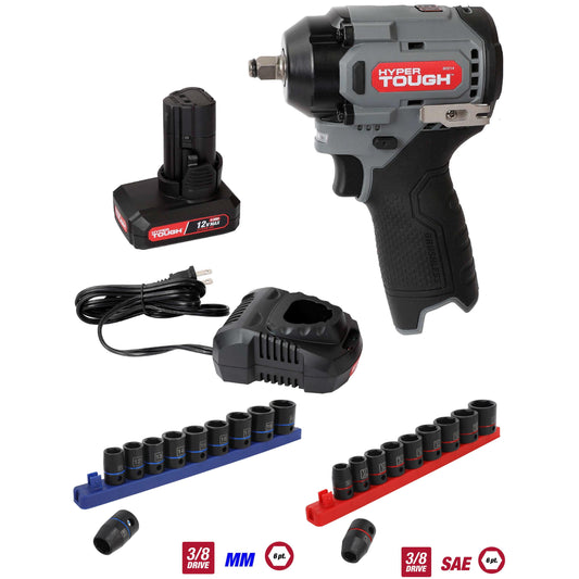 Hyper Tough 12V Max Cordless Brushless Impact Wrench and 22-Piece 3/8-in SAE and Metric Standard Impact Sockets