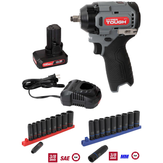 Hyper Tough 12V Max Cordless Brushless Impact Wrench and 22-Piece 3/8-inch SAE and Metric Deep Drive Impact Socket Set
