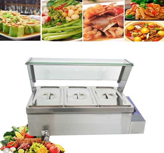 INTBUYING Food Warmer 3-Pan Commercial Buffet Food Soup Warmer Countertop Steam Table with Glass Guard