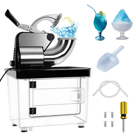 Ice Crusher, 110V Commercial Ice Crusher 300kgs/h, 350W Electric Snow Cone Machine with Dual Blades, Stainless Steel Shaved Ice Machine for Family, Restaurants, Bars (US Plug)-1 Set