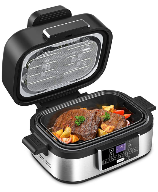 Indoor Grill with Air Fry, 5-IN-1 Electric Smart Air Fryer Grill Combo, Stainless Steel with Air Grill, Air Fryer, Roast, Bake, Dehydrate, & Fries, 5QT Large Capacity Smokeless, Black