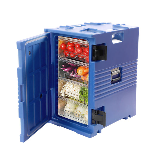 Insulated Food Pan Carrier, 109 Qt Hot Box for Catering, Food Box Carrier w/Double Buckles, Front Loading Food Warmer w/Handles, Hot Box Food Warmer for Restaurant, Canteen, etc. Blue