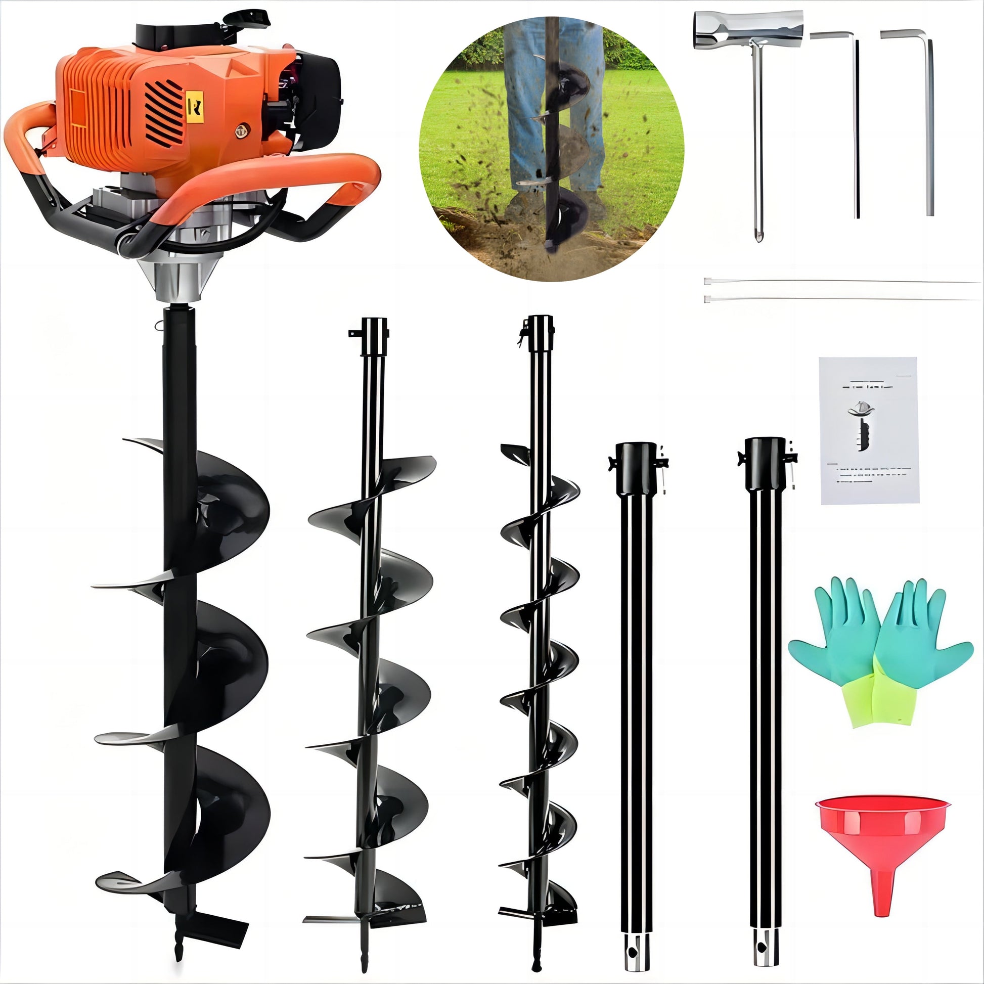 JSTUOKE 2100W 62cc Post Hole Digger 2 Stroke Petrol Gas Powered Earth Digger with 3 Auger Drill Bits (3" 5" & 8") + 3 Extension Rods for Farm Garden Plant