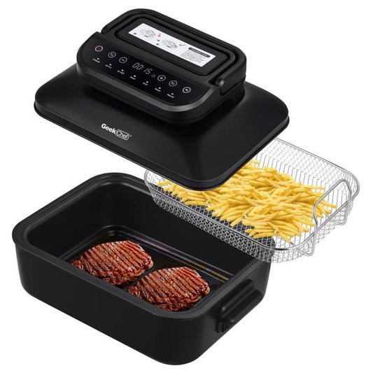 KEINXS 7 In 1 Smokeless Electric Indoor Grill with Air Fry, Roast, Bake, Portable 2 in 1 Indoor Tabletop Grill & Griddle with Preset Function, Removable Non-Stick Plate, Air Fryer Basket, 6-Serving