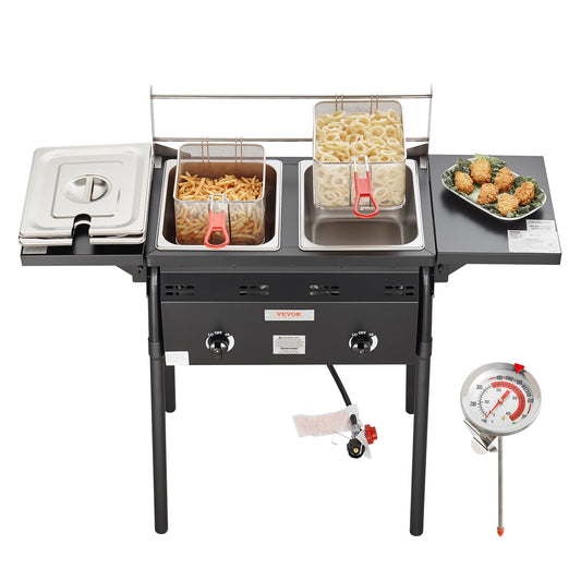 KFFKFF 16-Quart Outdoor Propane Fryer, Stainless Steel Cookware Dual Burner Commercial Fryer with Double Basket, Lid and Tank, Fryer Cart with Thermometer and Regulator