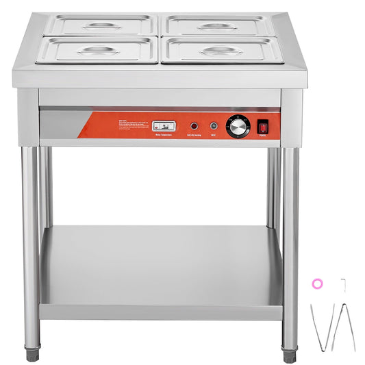 KFFKFF 4-Compartment Professional Food Heater, 4 x 1/2 Trays Electric Steam Station, 1500W Industrial Grade Buffet Food Heating Equipment with Storage Shelf, Stainless Steel Serving Unit