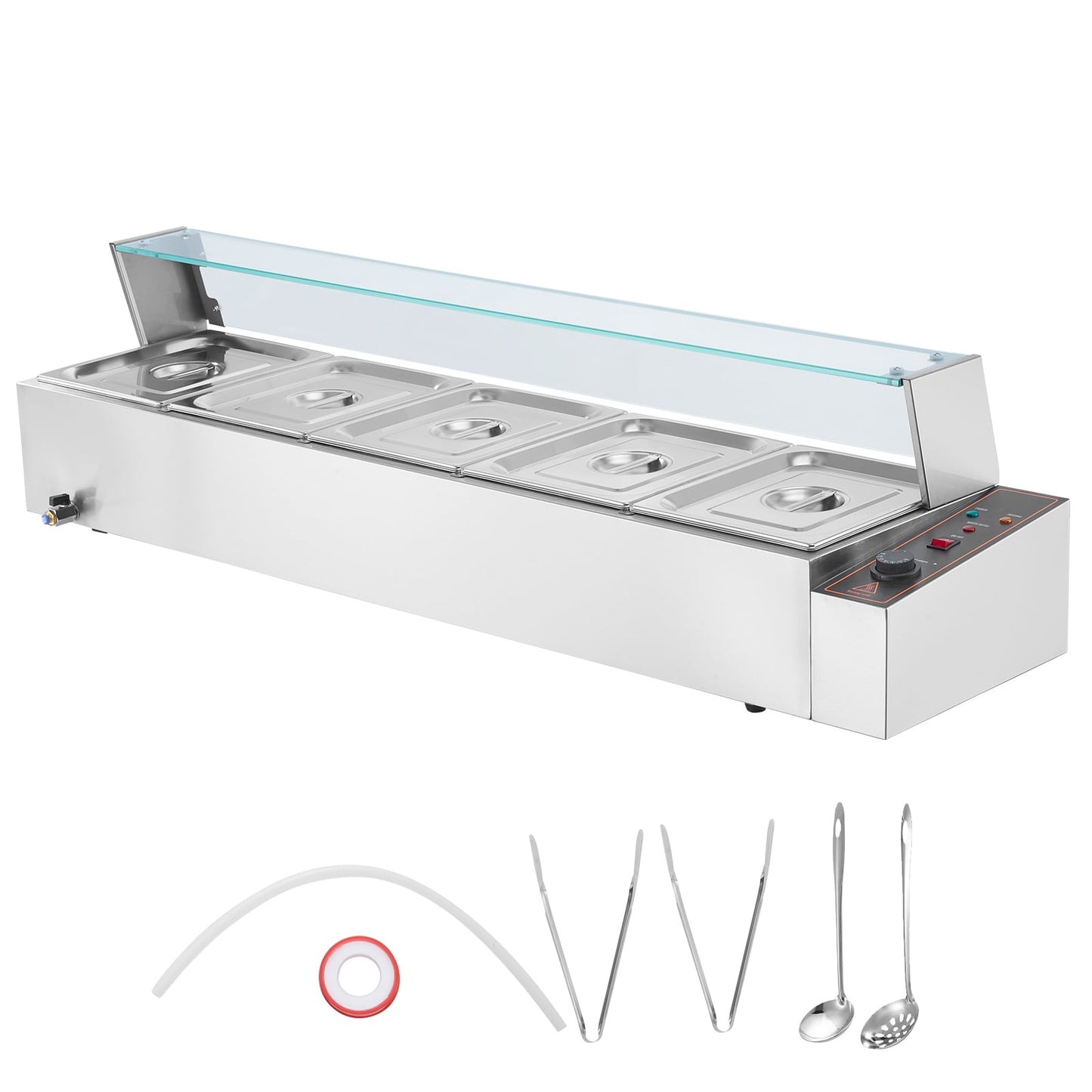 KFFKFF 5-Section Electric Buffet Server, 5 x 8QT, 1700W, Stainless Steel with Glass Lid, Adjustable Heat (86-185°F) for Catering and Restaurants, Silver