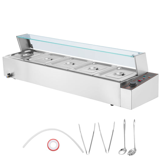 KFFKFF 5-Section Electric Buffet Server, 5 x 8QT, 1700W, Stainless Steel with Glass Lid, Adjustable Heat (86-185°F) for Catering and Restaurants, Silver