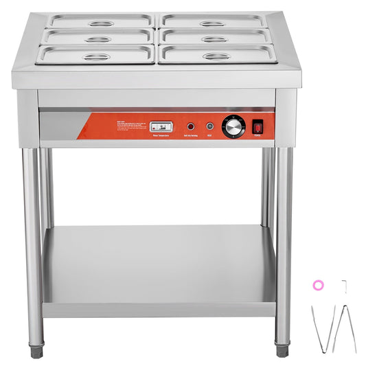 KFFKFF 6-Compartment Commercial Food Heater, 6 x 1/3 Trays Electric Heating Station, 1500W Expert Grade Food Heating Equipment with Storage Shelf, Stainless Steel Serving Unit