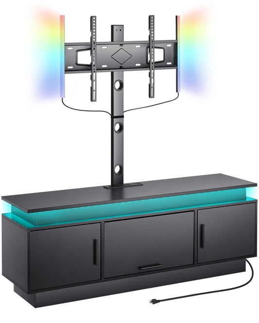 KFFKFF 60" Television Stand Suits 32-75", TV Console with Power Outlet, LED Lights, Height Adjustable & Swivel Mount, Ideal for Bedroom and Living Room