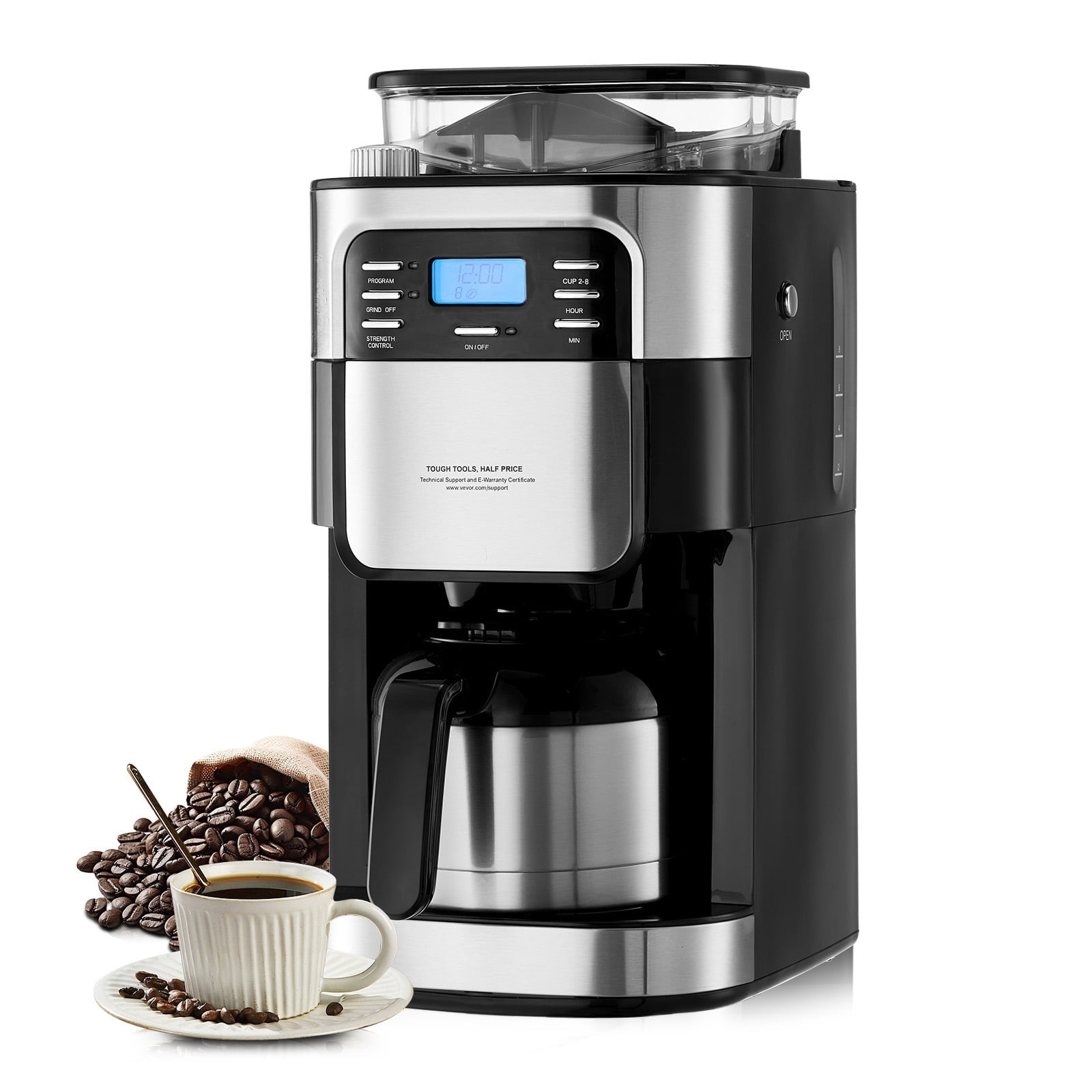 KFFKFF 8 Cup Coffee Maker with Grinder Grind and Brew Coffee Maker with 3 Brew Strength Control 24-Hour Timer for Auto Brew