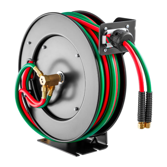 KFFKFF Auto-Retracting Welding Hose Reel, 50FT of 1/4-Inch Twin Oxygen Acetylene Rubber Hose with a Maximum of 300PSI - R Grade, Suitable for Ceiling/Wall Mounting. Sturdy Steel Hose Reel