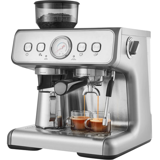 KFFKFF Coffee Machine with Grinding Feature, 15 Bar Semi-Auto Coffee Brewer with Milk Frothing Wand, Detachable Water Reservoir & Pressure Indicator for Cappuccino, Latte, Machiato, PID Regulation