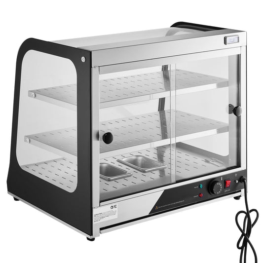 KFFKFF Dual-Level Professional Food Heating Showcase, 850W Culinary Display Heater with Toughened Glass and Steam Warming, Temperature Regulation from 86℉ to 185℉, 111L Voluminous Space