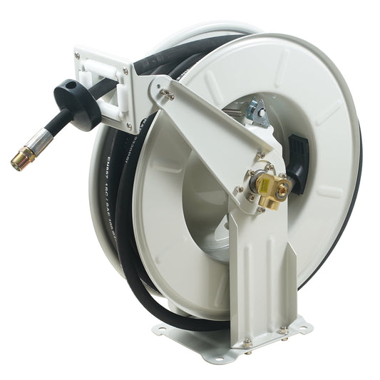 KFFKFF Grease Hose Reel, 1/4' x 50', Extended Length Retractable Fuel Hose Reel, Spring-Loaded Automatic Swivel Rewind, Durable Carbon Steel Build with Hose for Vehicle Maintenance