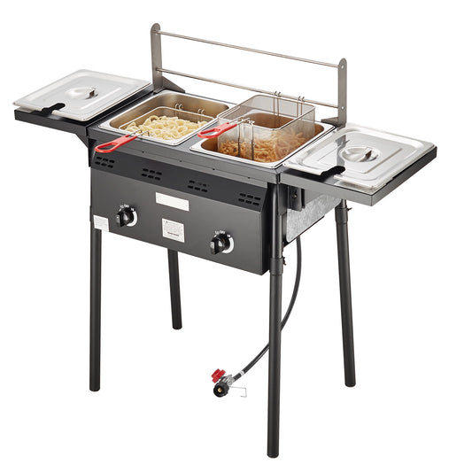 KFFKFF Propane Deep Fryer for Outdoors, Dual Burner Commercial Grade, 16 Qt Stainless Cooker with Detachable Baskets, Lids, Tanks, Oil Fry Cart with Thermometer & Regulator for Outdoor Culinary