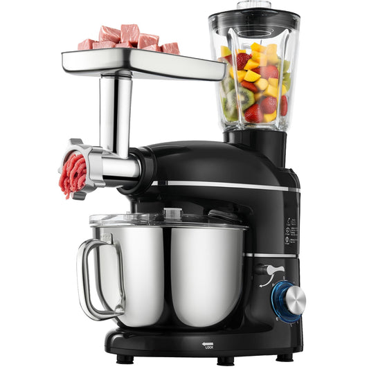 KFFKFF Trio-Purpose Stand Mixer, 6QT Bowl of Stainless Steel, 660W with 6+P Speeds, Tilt-Head Culinary Mixer including Dough Hook, Wire Whip, Flat Beater, Meat Mincer, Juice Blender, Black