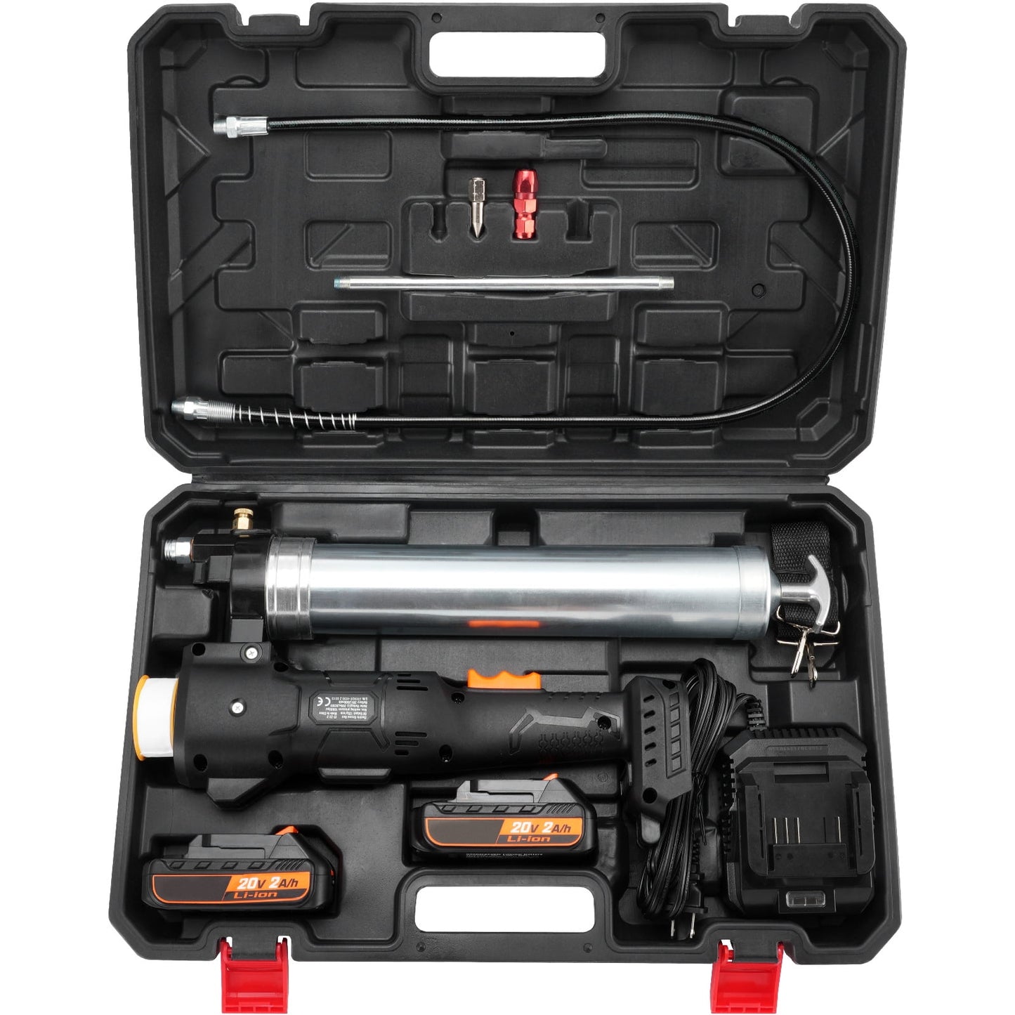 KFFKFF Wireless Grease Gun, 20V, 10K PSI, 39-inch Hose, Electric Lubrication Kit with Portable Case, Includes 2 Batteries & Charger, Black