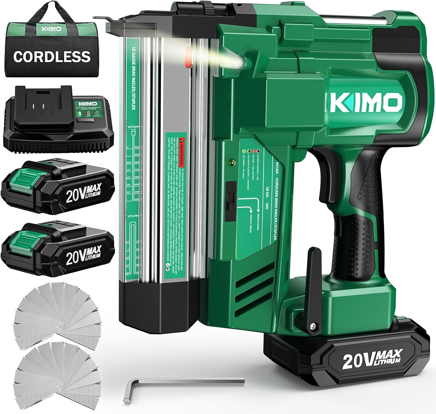 KIMO 18 Gauge Nail Gun Battery Powered w/ 2 X 2.0Ah Battery,1000pcs Nails and Staples, 2 IN 1 Cordless Brad Nailer and Stapler, 2 Firing Modes, 180 Nails/min, Adjustable Nailing Depth for DIY Project