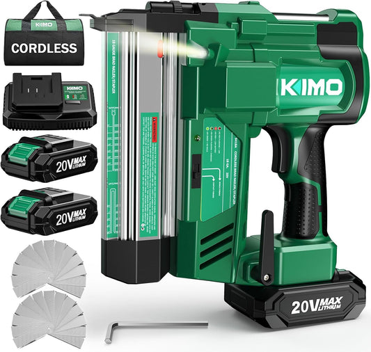 KIMO 18 Gauge Nail Gun Battery Powered w/ 2 X 2.0Ah Battery,1000pcs Nails and Staples, 2 IN 1 Cordless Brad Nailer and Stapler, 2 Firing Modes, 180 Nails/min, Adjustable Nailing Depth for DIY Project