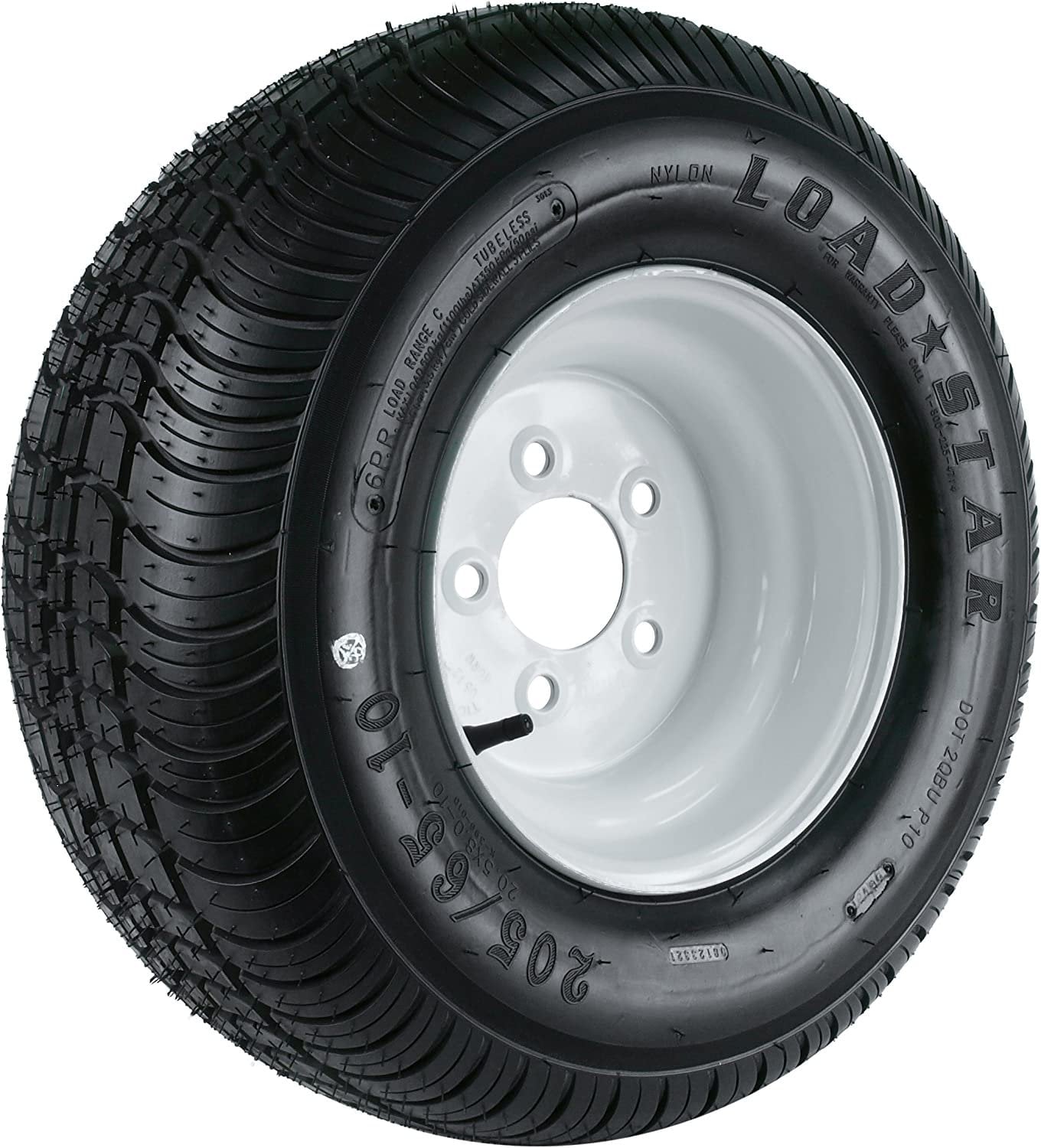 Kenda Loadstar 10x6"/5x4.5" Wheel with White Powder-Coat Pinstripe Finish LRC and Trailer Tire Assembly 205/65-10