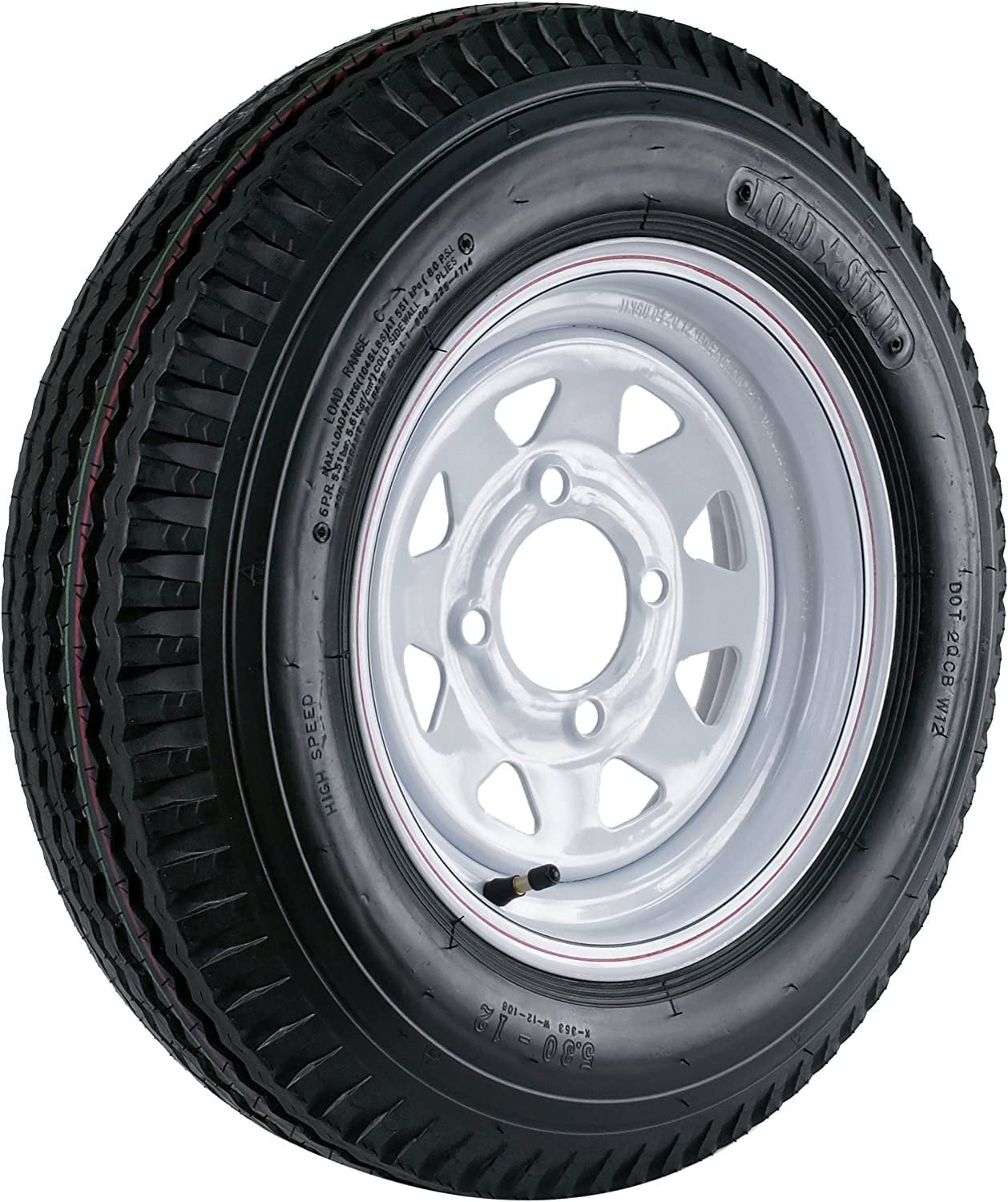 Kenda Loadstar 12x4"/4x4" Custom Spoke Wheel with White Powder-Coat Pinstripe Finish LRC and Trailer Tire Assembly 530-12