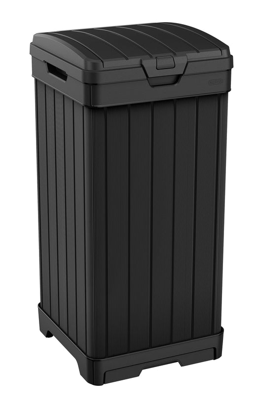 Keter Baltimore 38 Gallon Resin Outdoor Kitchen Trash Can Duotech Garbage Can, Black Woodlook
